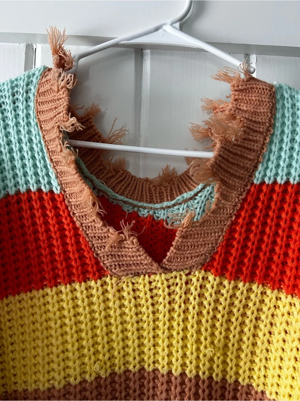 Distressed Multi-Color Stripe V-Neck Sweater - Picture 2 of 5
